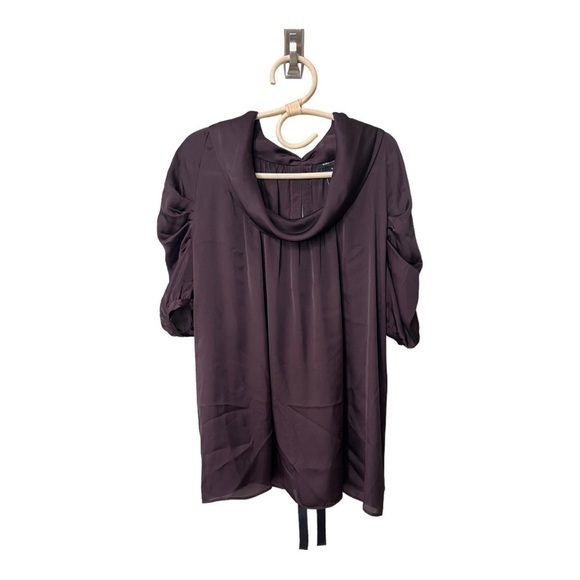 BCBGMAXAZRIA Purple Eggplant Silky Puff Sleeve Bow Tie Back Drapey‎ Collar S - Picture 1 of 16